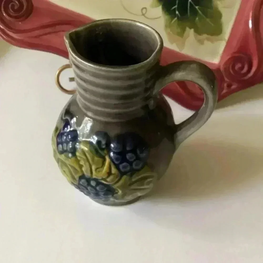 Vintage West Germany Ceramic Pitcher Wine Jug Grapes & Leaves Scheurich Kiramic